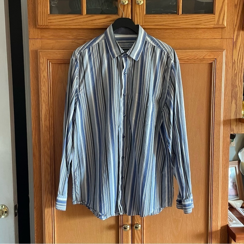 Tasso Elba Blue/white/gray Striped Men's button down dress Shirt size Large